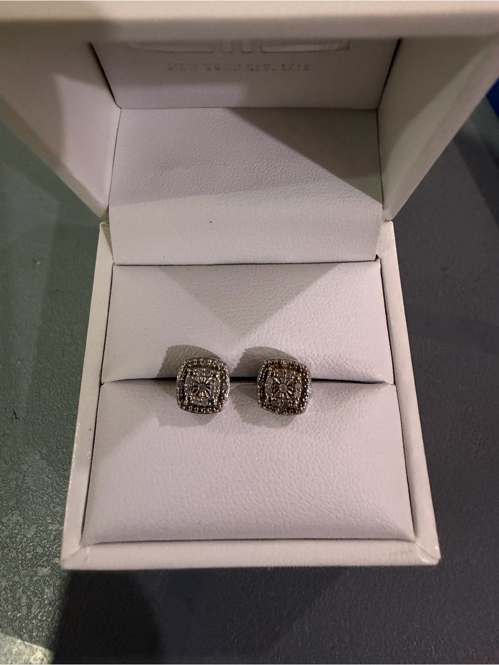 Diamond Halo Square Stud Earrings - White Gold Tone